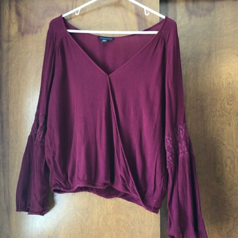 Maroon v-neck blouse with bell sleeves
